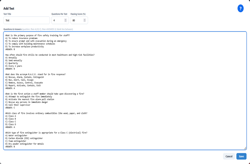 Building a training test with a random question bank in ScriptLMS